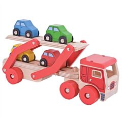 Lastbil i træ med 4 biler - rød - Bigjigs 