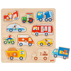 Knoppuslespil med køretøjer - 10 brikker - Goki. Sjovt legetøj og fint trælegetøj