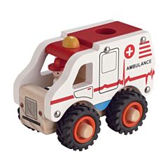 Legetøjsbil i træ med gummihjul - Ambulance - Magni