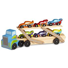 Lastbil i træ med 6 racerbiler - blå - Melissa & Doug 