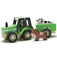 Traktor i træ med 2 dyr - bondegård