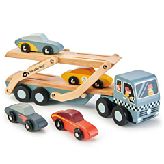 Biltransport - Lastbil i træ med 4 racerbiler - Tender Leaf Toys - flot trælegetøj